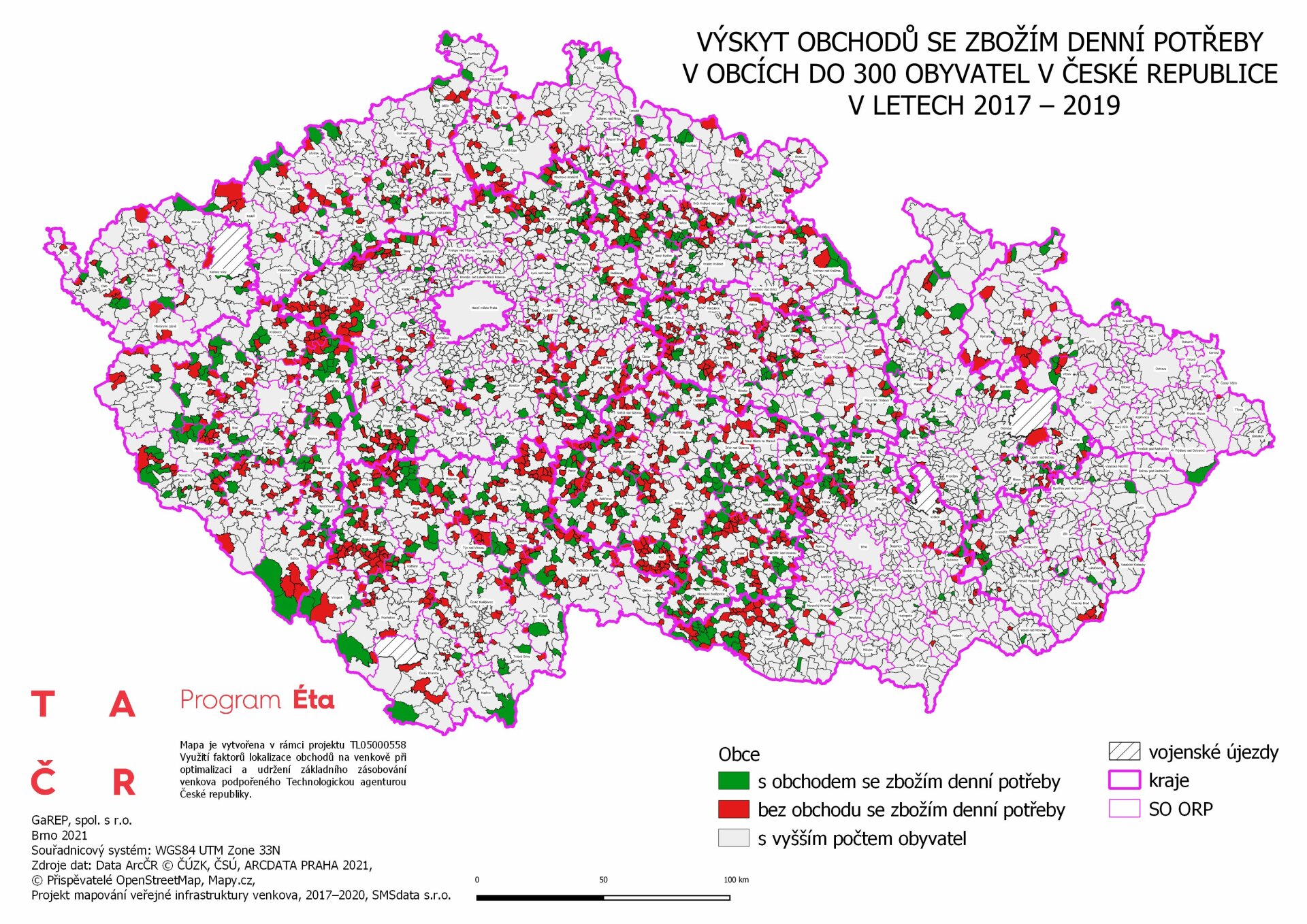 Výskyt obchodů v&nbsp;obcích do 300 obyvatel